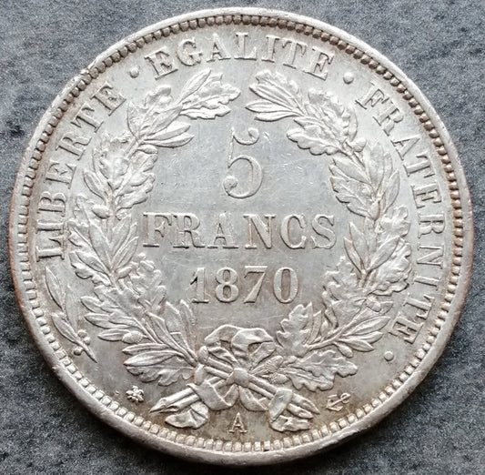 Ceres con leyenda 5 francos 1870 París Plata - 25,07 gr - EBC