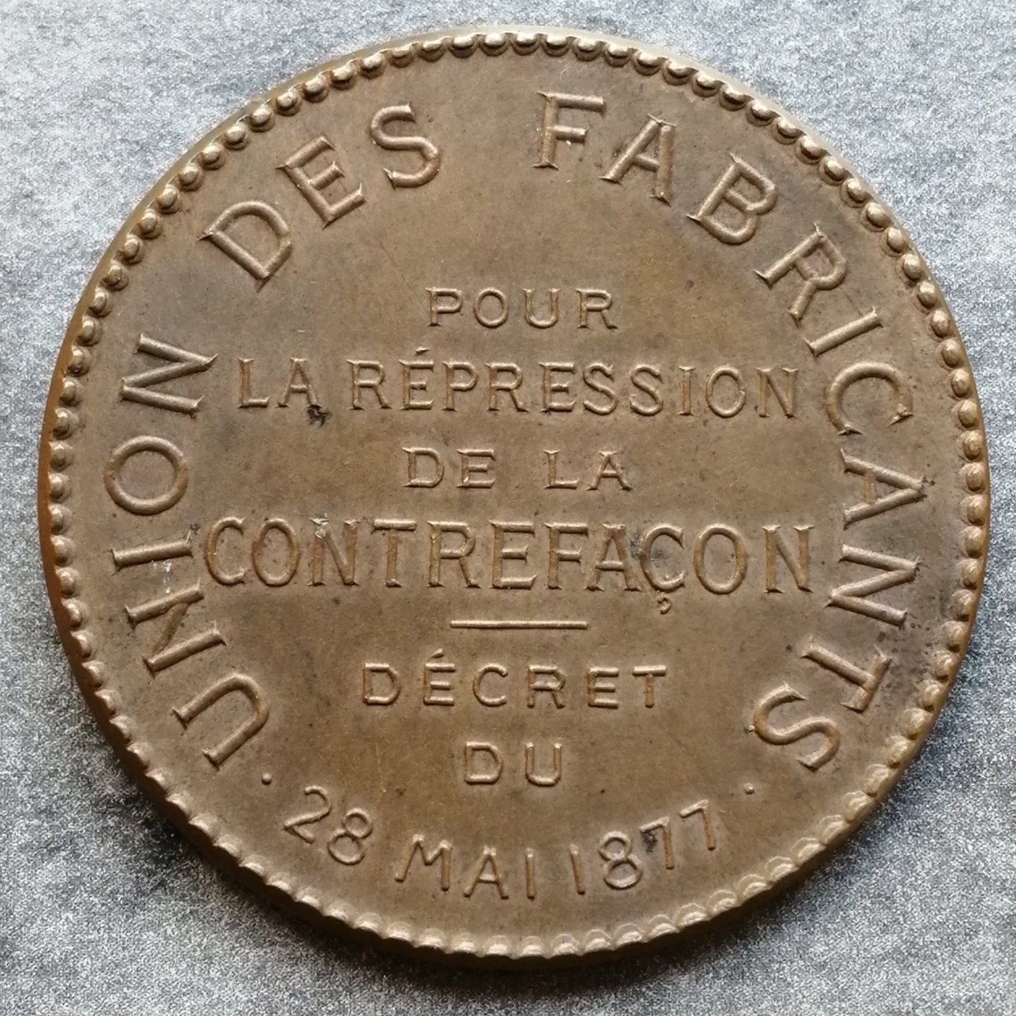 Union medal of manufacturers repression of counterfeiting 1877 bronze 20.75 gr