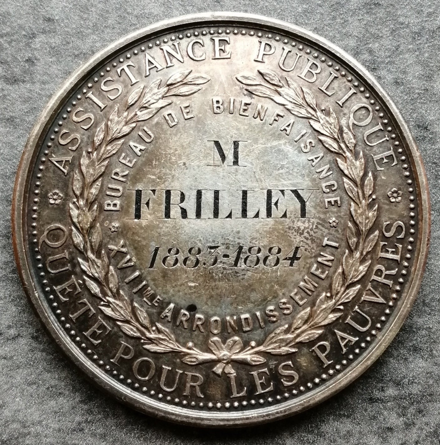 Silver medal Quest for poor charitable office XVIIth arrondissement Paris 1883 1884 42 mm 36.14 gr