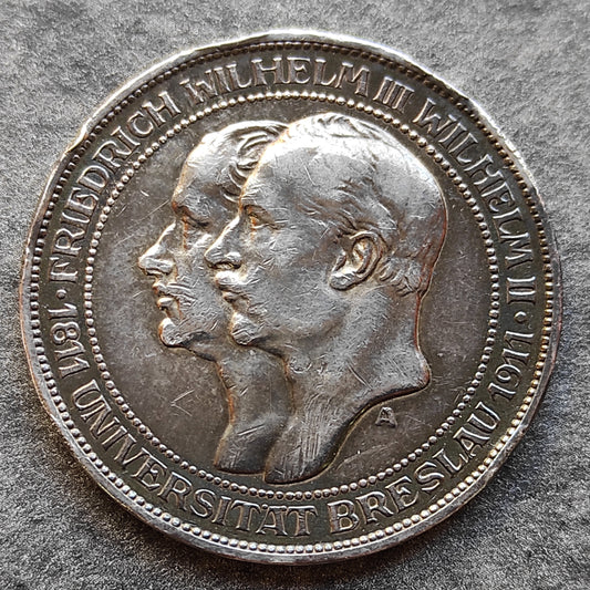 Alemania Prusia 3 Marcos 1911 A Berlín Universidad de Wroclaw Plata 33 mm 16,6 gr