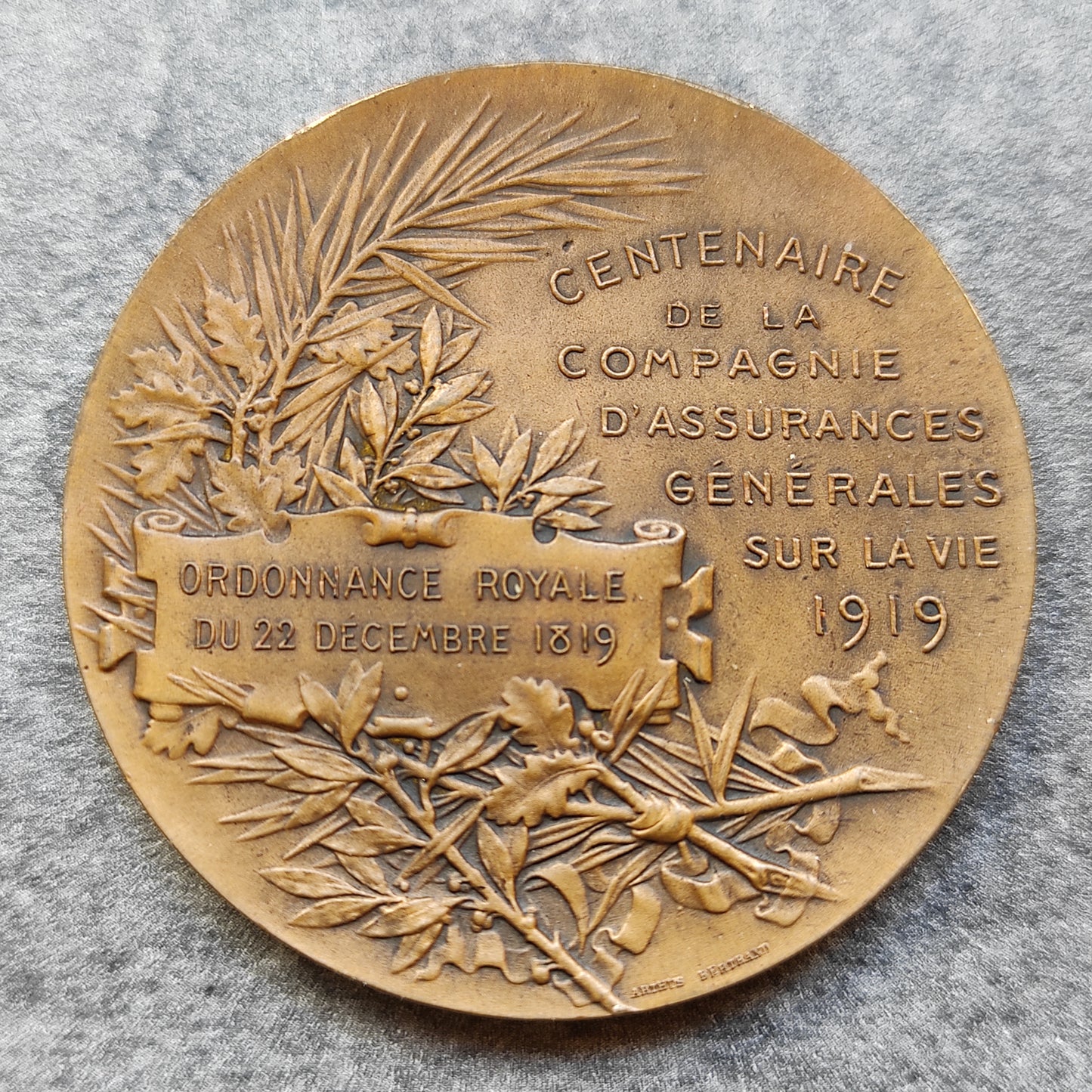 Centennial medal of the general insurance company on life 1919 50 mm 50.52 gr