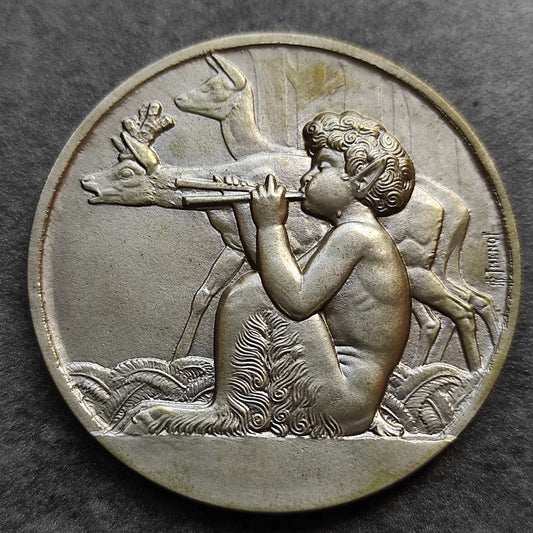 Medal uniform by thenot. Child playing the flute. Silver bronze. 55 gr 50 mm