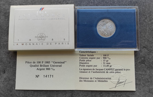 Coffret 100 Francs Argent Zola 1985 Brillant Universel BU