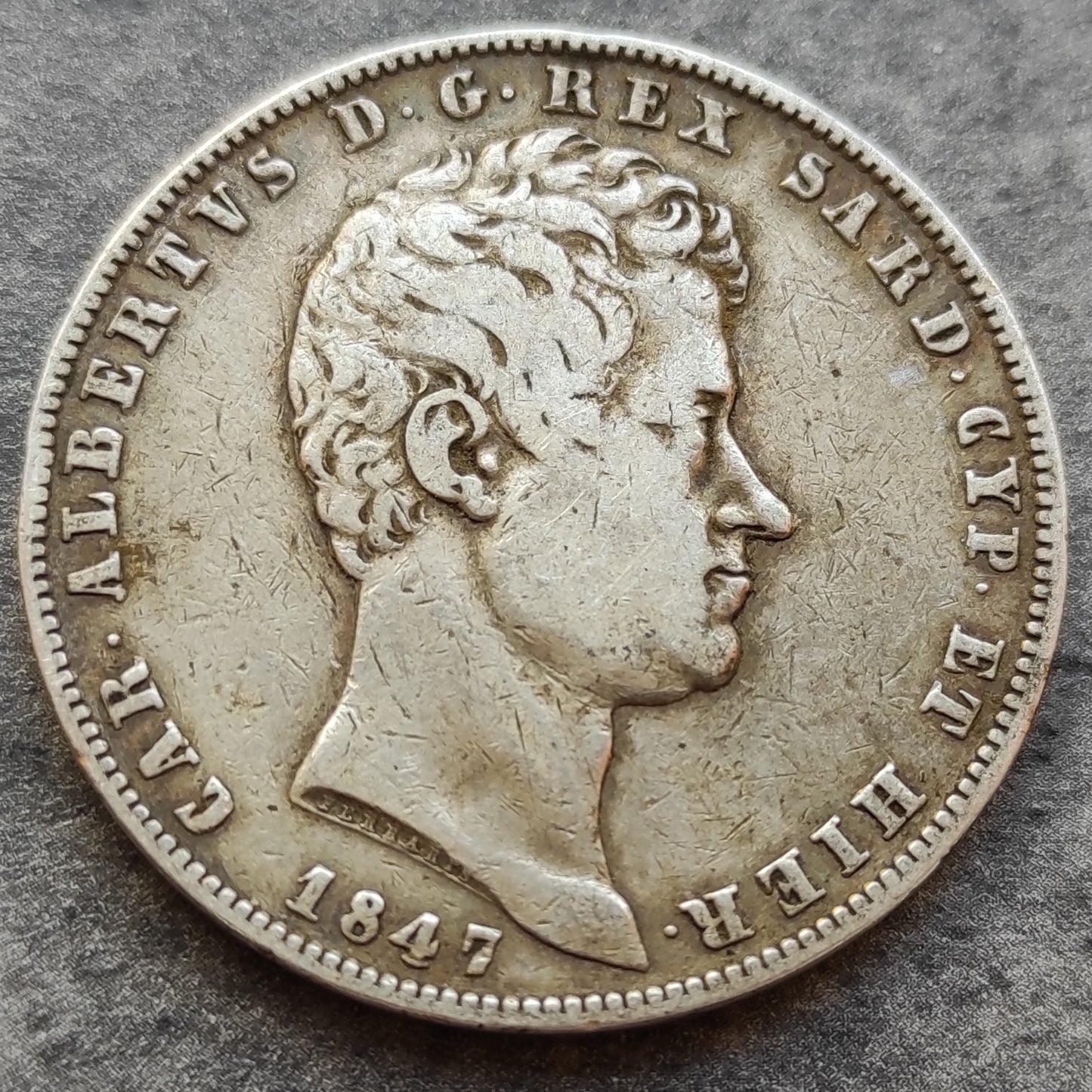 Italy Kingdom of Sardinia 5 Read 1847 p Genoa Charles Albert Silver 24.7 gr