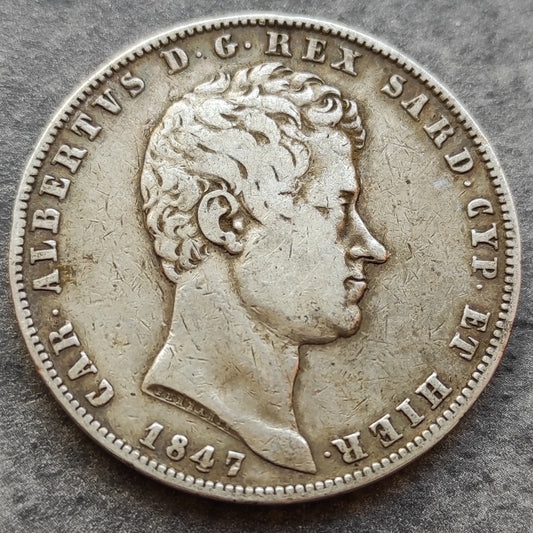 Italia Reino de Cerdeña 5 Liras 1847 P Génova Carlos Alberto Plata 24,7 gr