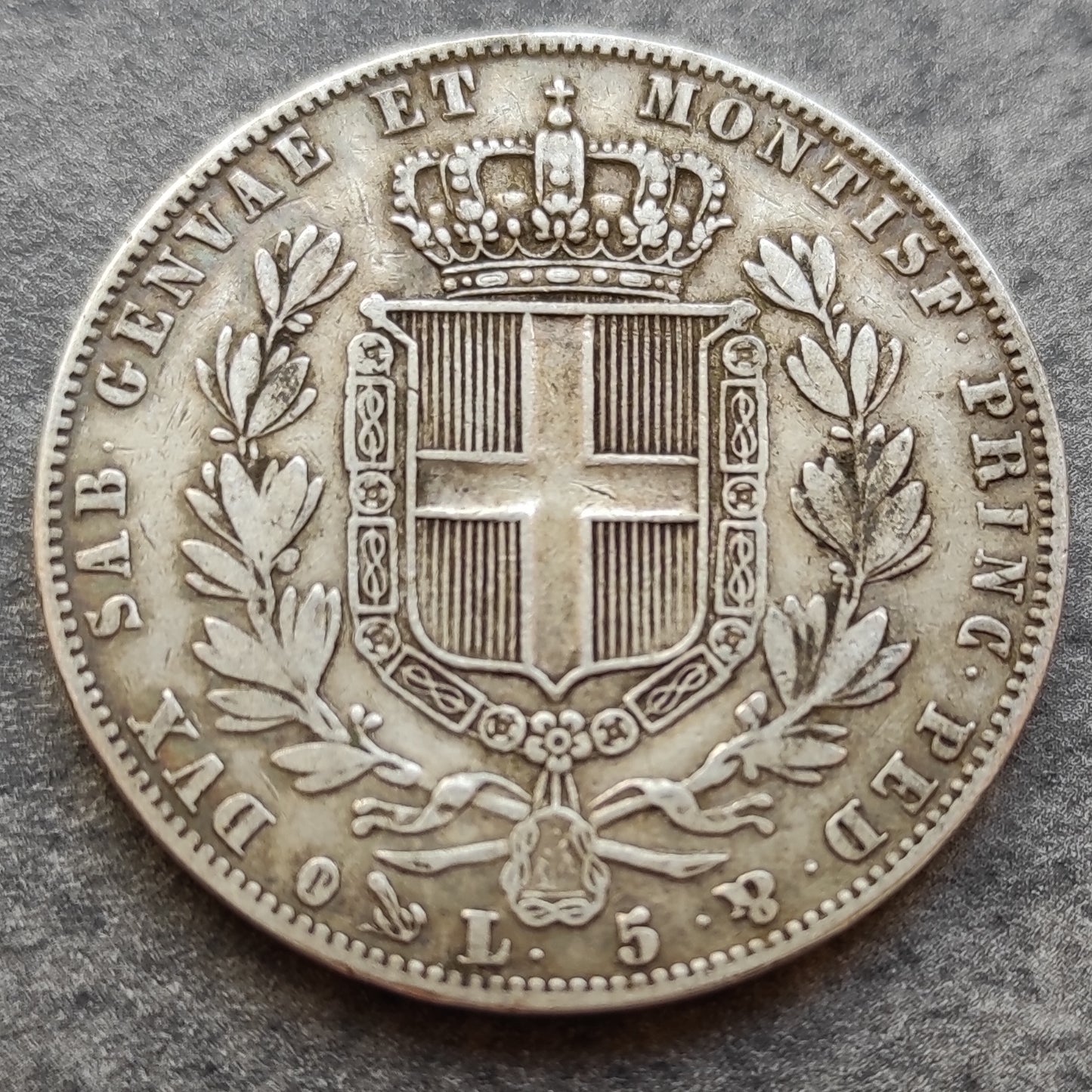 Italy Kingdom of Sardinia 5 Read 1847 p Genoa Charles Albert Silver 24.7 gr