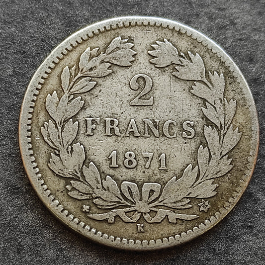 Ceres sin leyenda 2 Francos 1871 K Plata 9,54 gr