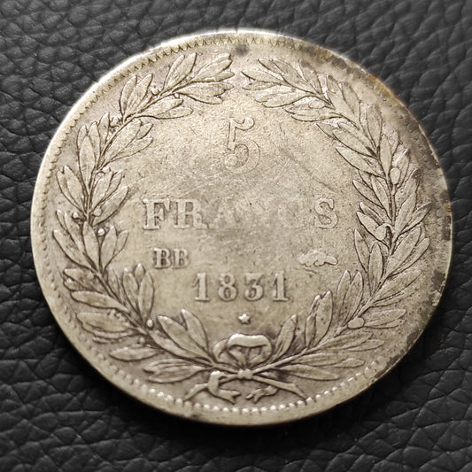 Luis Felipe (1830-1848) 5 francos 1831 BB Estrasburgo. Rebanada hueca. Dinero. 24,61 gramos