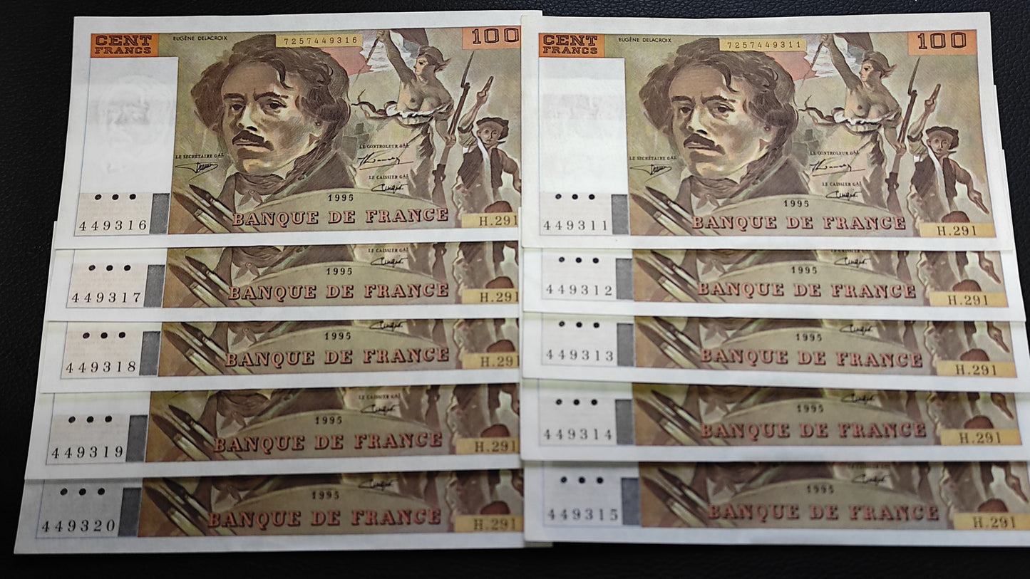 Lote de 10 billetes Delacroix 100 con números consecutivos. MS/Nuevos Estados