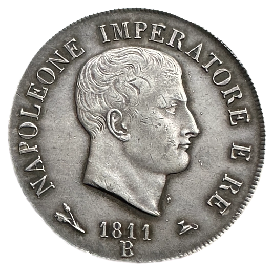 Italie 5 Lire 1811 B Bologne Napoleon Emperor and King Argent 25.02 gr SUP