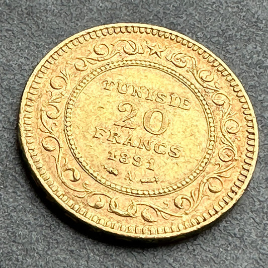 Túnez 20 Francos Oro Ali (Protectorado Francés) 1308 (1891) A París ١٣٠٨ 6,44 gr