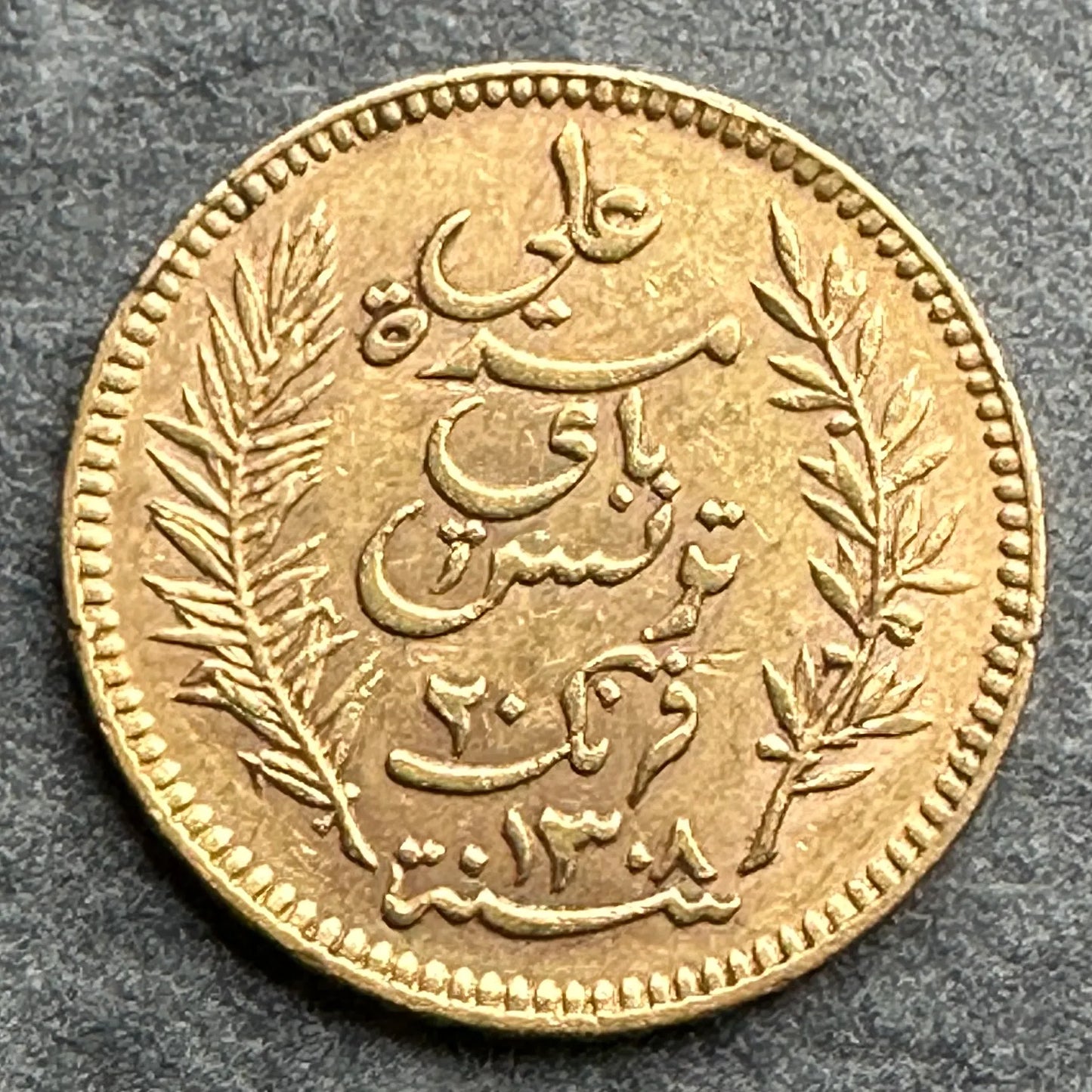 Túnez 20 Francos Oro Ali (Protectorado Francés) 1308 (1891) A París ١٣٠٨ 6,44 gr