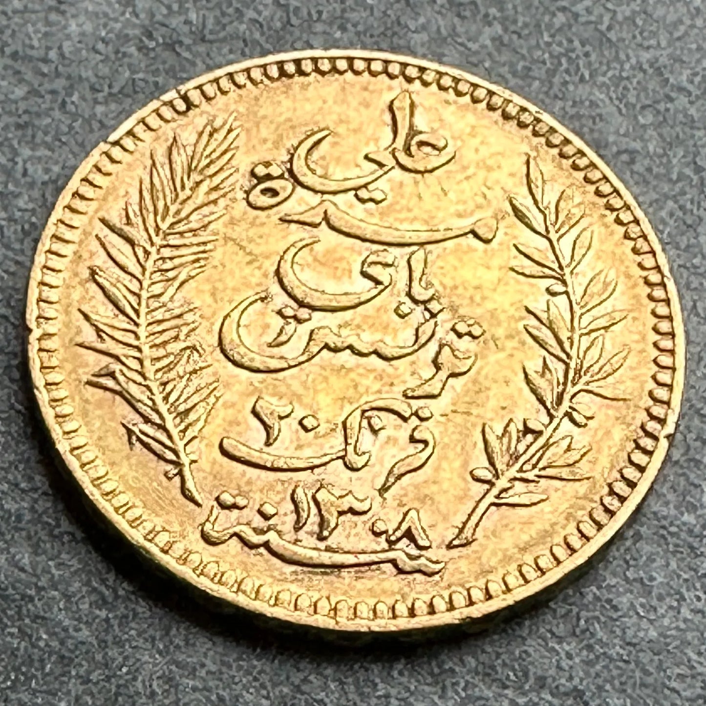 Túnez 20 Francos Oro Ali (Protectorado Francés) 1308 (1891) A París ١٣٠٨ 6,44 gr