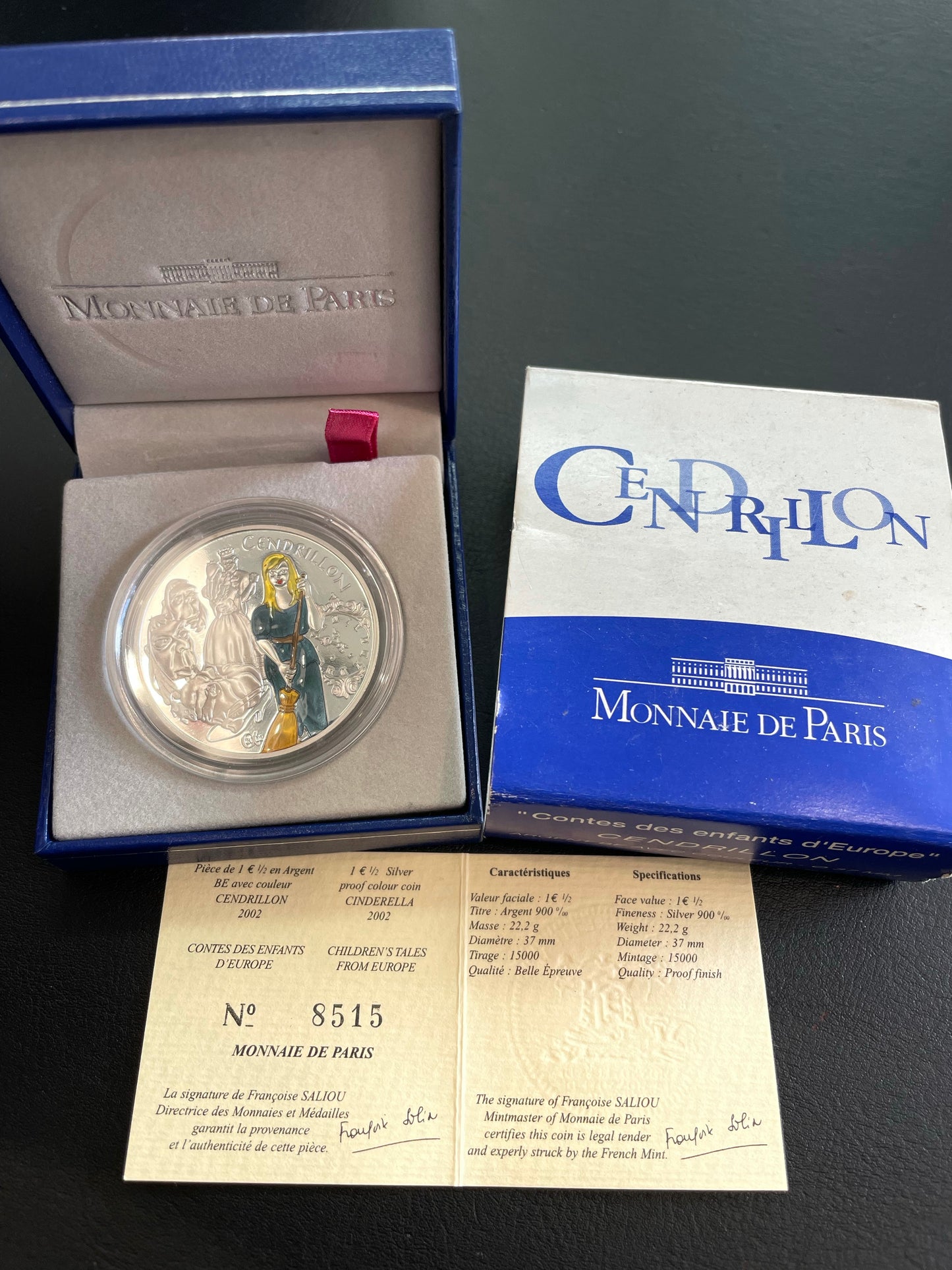 Monnaie de Paris 1€ 1/2 Plata CENICIENTA 2002 Proof en color